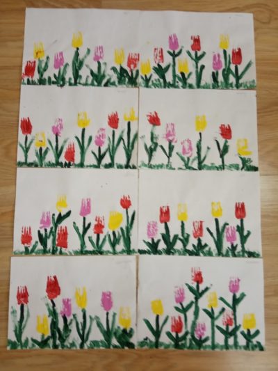 Tulipany - malowanie farbami za pomocą widelca