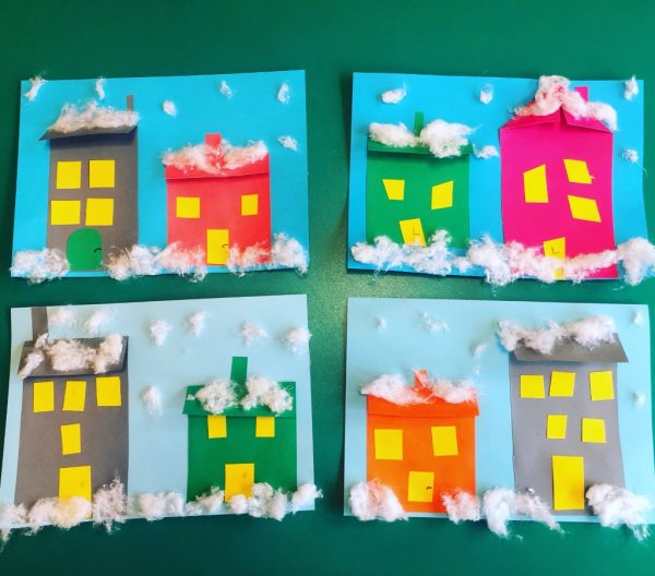 Zimowe domki- praca plastyczna z użyciem figur geometrycznych i waty